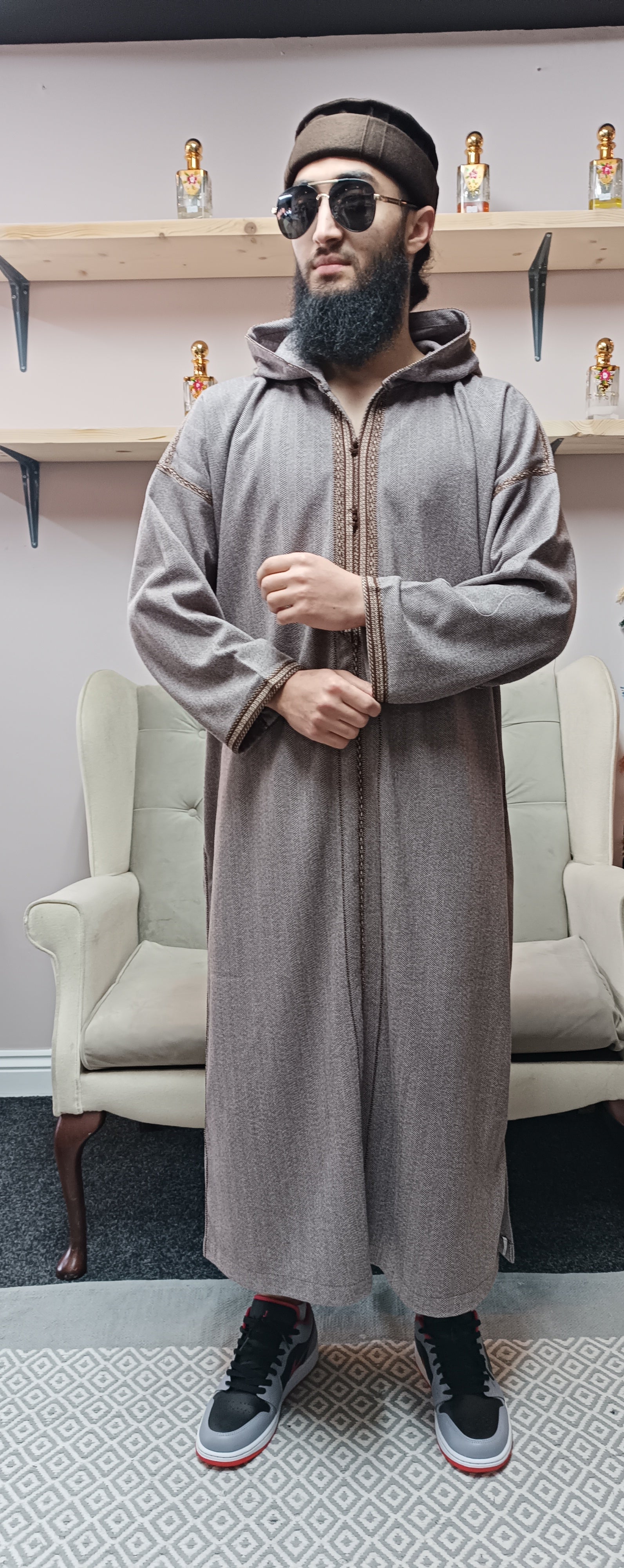 hooded Djellaba for men, winter Moroccan thobe.