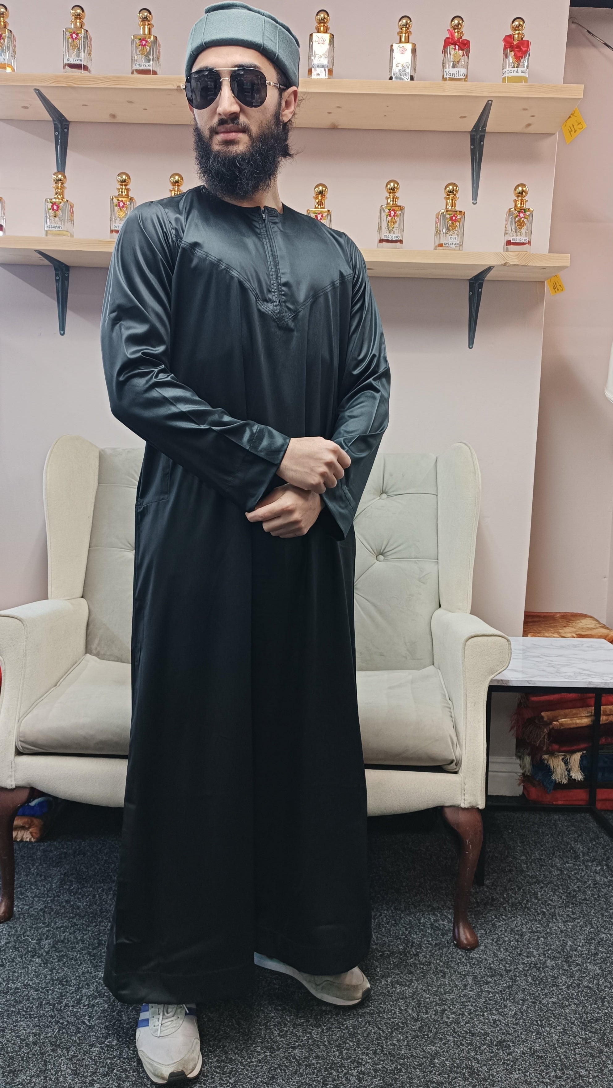 Arabic style Emirati thobe, silky collarless jubba.
