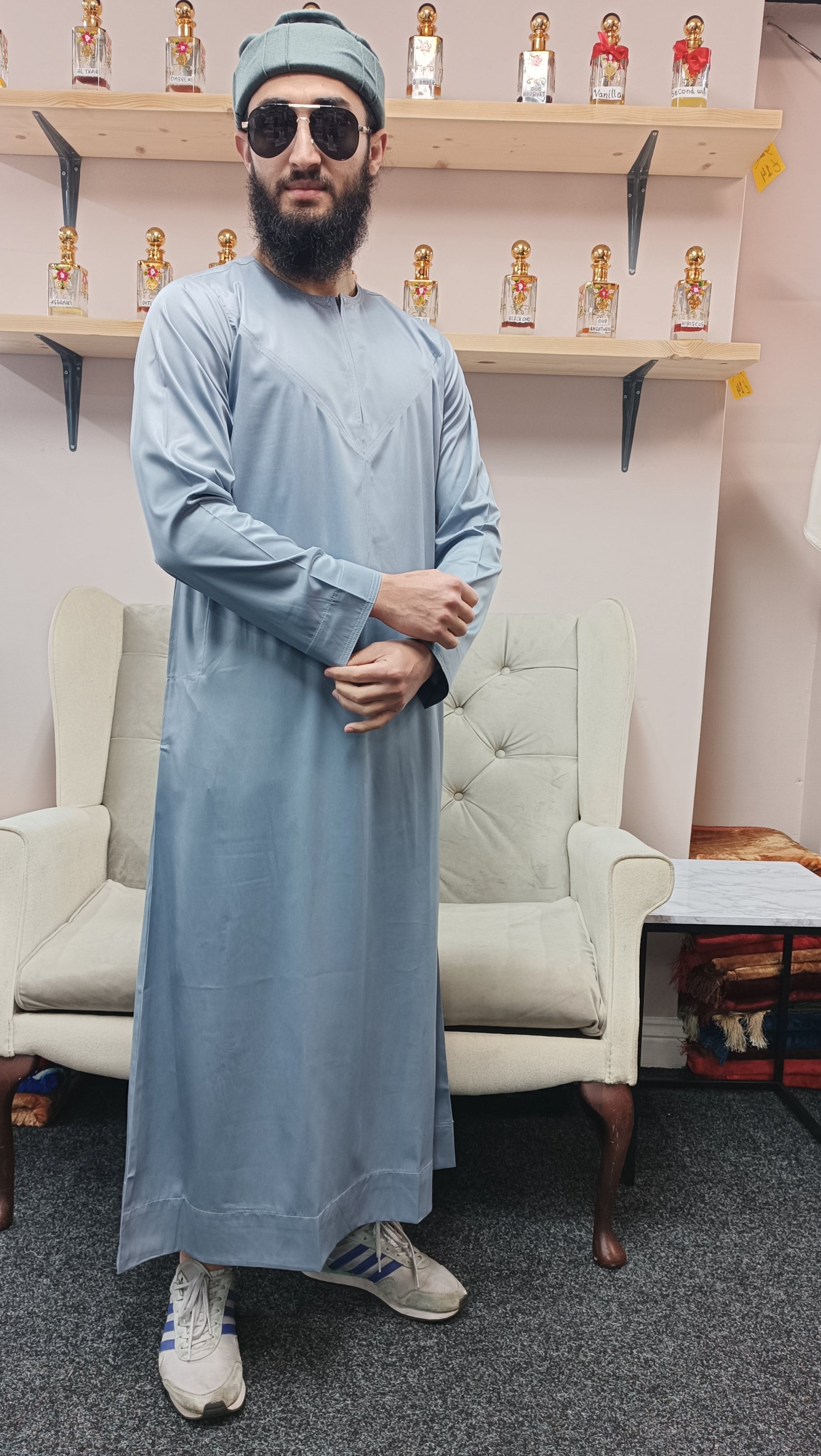Arabic style Emirati thobe, silky collarless jubba.