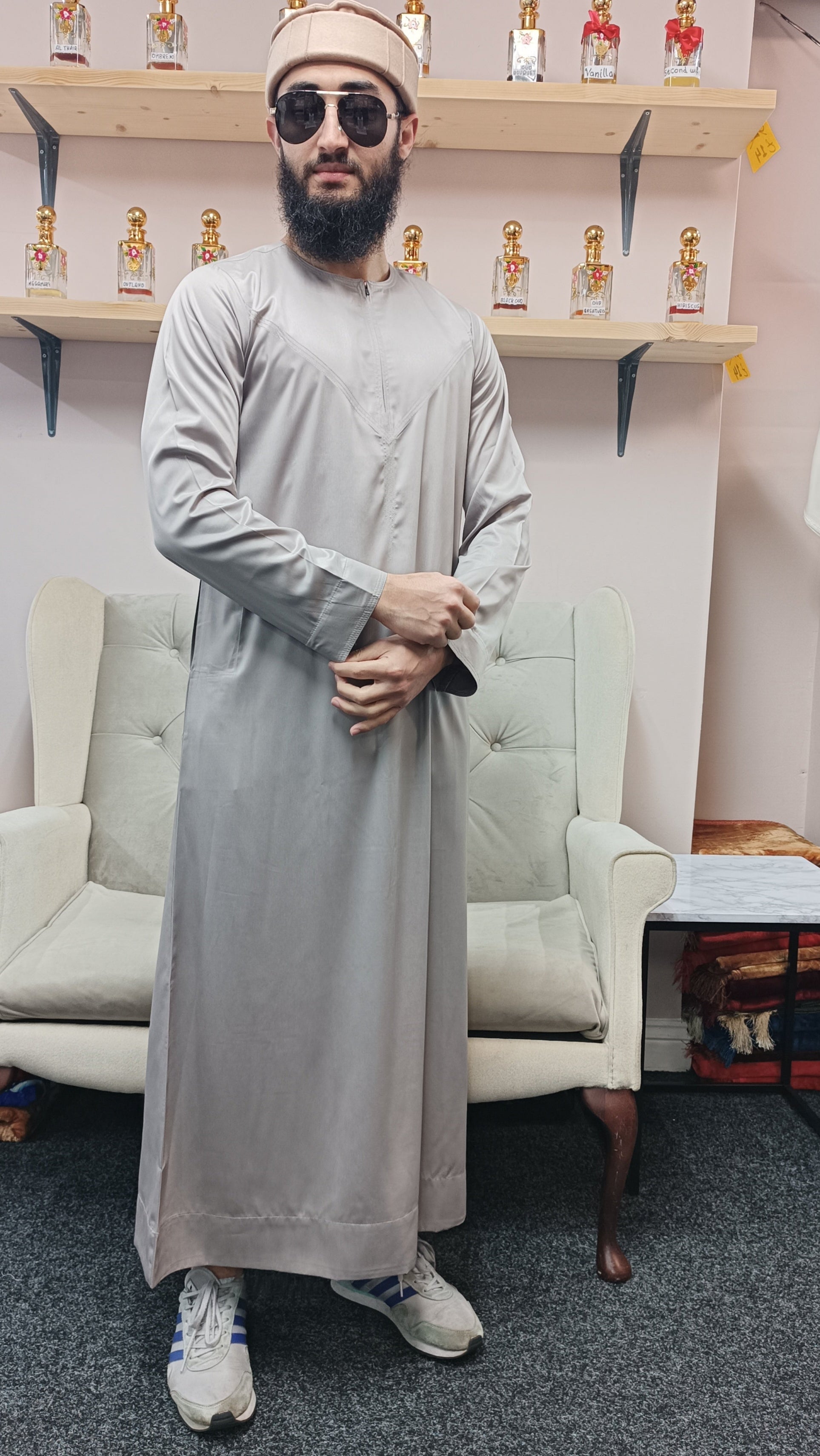 Arabic style Emirati thobe, silky collarless jubba.